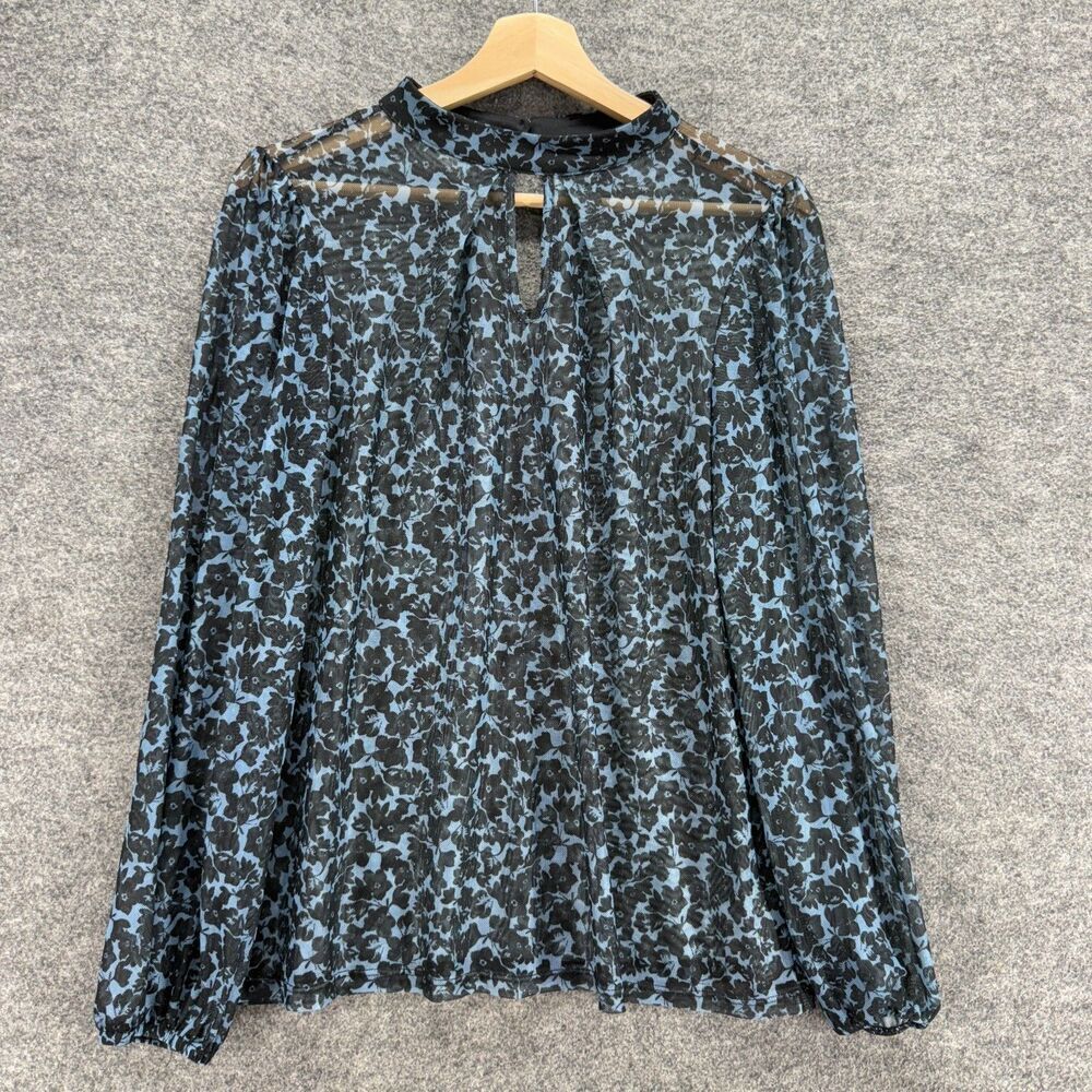 Bobeau Blouse Women L Large Blue Floral Long Sleeve Crew Neck Hook & Eye Casual